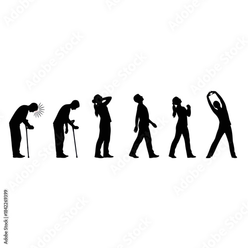 Human aging process and healthy lifestyle evolution from old age to youth.