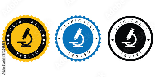 Clinically Tested Certified Badges Set - Vector Round Medical Labels with Microscope Icon in Yellow, Blue, and Black for Laboratory and Healthcare Products