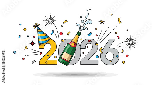 Happy new year 2026 celebration with champagne bottle and party hat