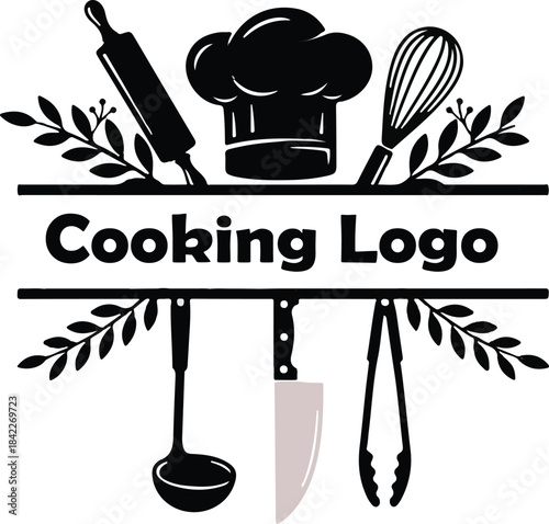 Cooking logo with chef hat rolling pin whisk utensils and leaf branches for culinary branding and kitchen identity