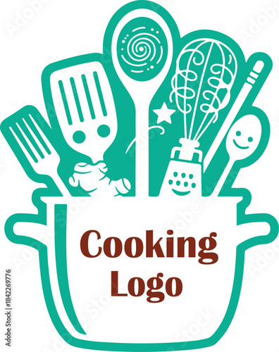 Cooking logo with pot and playful kitchen utensils including whisk spatula spoon grater for culinary branding identity