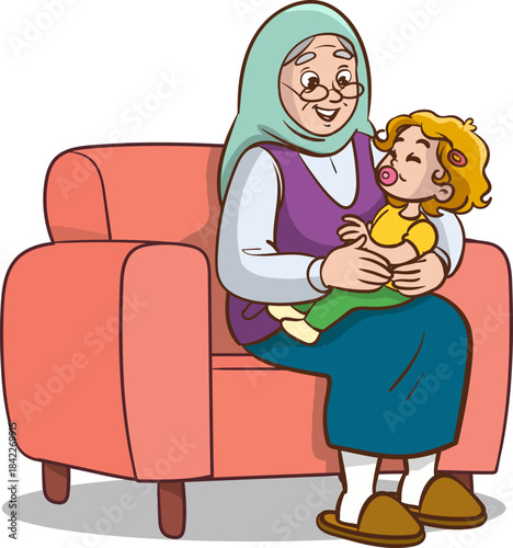 Vector illustration of a grandmother sitting on a sofa with her adorable grandchild on her lap