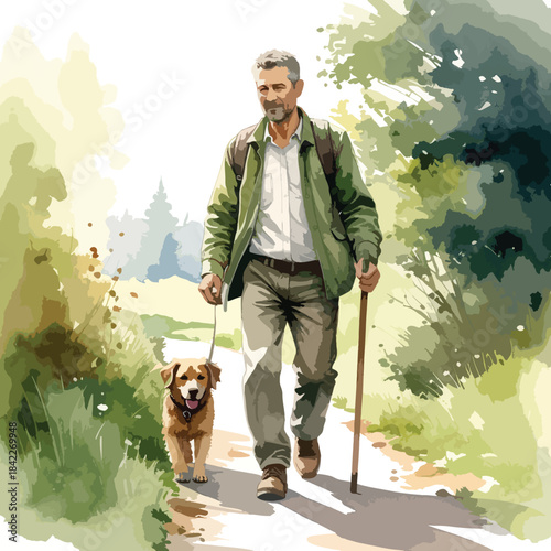 Man and Dog Hiking Illustration