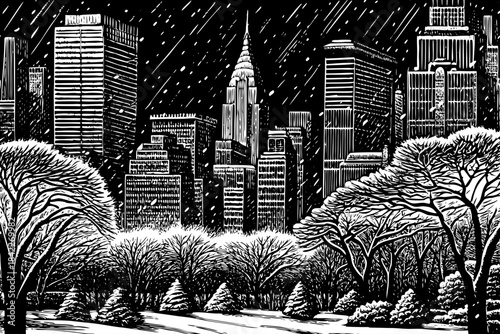 snowy sketch of New York City featuring tall buildings, snow covered streets, classic city lights, and outlined structures creating a cold yet lively urban winter atmosphere