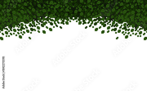 Pixel art border of hanging green leaves creating a natural curtain or frame. This retro 8-bit nature element is perfect for game backgrounds or overlays for jungle, forest, or park scenes.