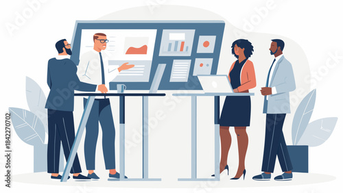 Diverse business team collaborating around a digital presentation board