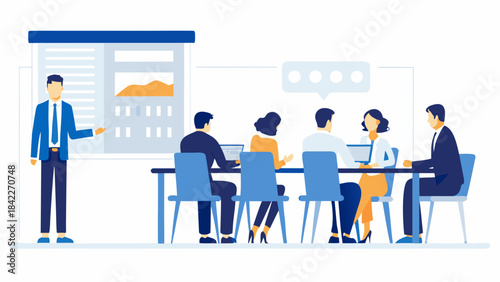 Business meeting presentation with team collaboration and discussion