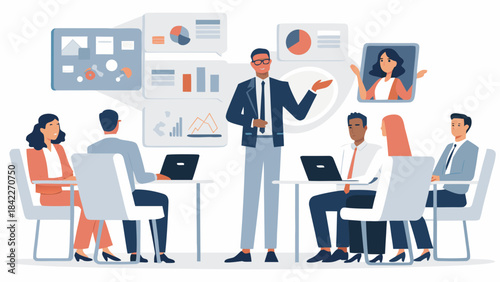 Business people set illustration: vector icons of men and women working on computers, sitting on office chairs, or in a successful meeting concept