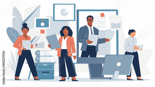 Business people, including a businessman and businesswoman, are in an office meeting using a laptop for presentation and communication, symbolizing success and teamwork