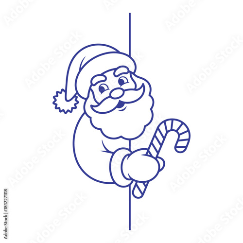 Santa Holding Candy Cane Peeking Line Art