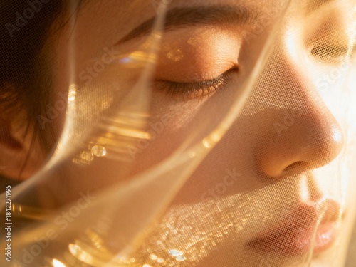 目を閉じた女性の顔と光り輝くベール