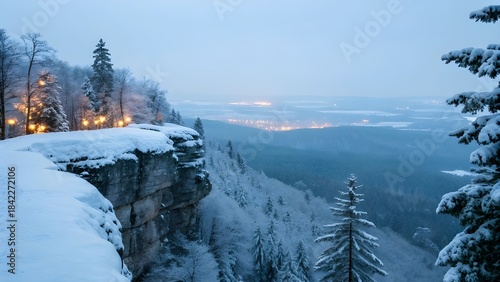 Majestic Snowy Cliff Edge Overlooking an Endless Pine Valley Sparkling with Twinkling Frost Lights Creating a Peaceful Winter Wonderland and Breathtaking Natural Mountain View