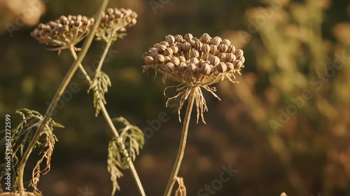Close-up of dried coriander seeds on the plant stem in a sunny field. Natural brown spice seeds ready for harvest in an organic farm. Warm golden hour lighting highlighting texture and detail. Perfect