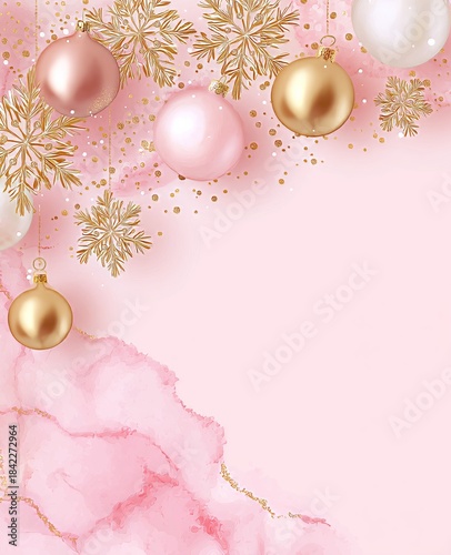 Watercolor textures blend with golden snowflakes for sophisticated holiday aesthetics.
