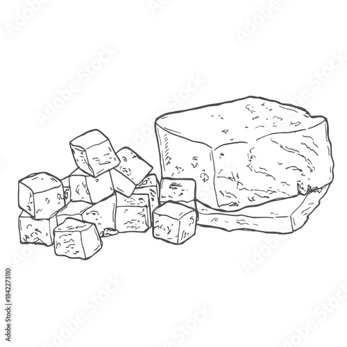 Hand-drawn tofu cube food line art drawing vector illustration.