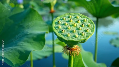 Serene close-up of vibrant green lotus leaves and seed pods in a calm pond. High-quality video featuring lush Nelumbo nucifera foliage with water droplets on a sunny morning. Ideal for nature, meditat