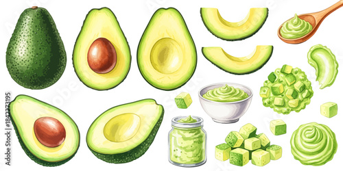アボカドとディップソースのイラストセット（カット・ペースト）,フルーツ,野菜,ワカモレ,水彩風,リアルイラスト,健康