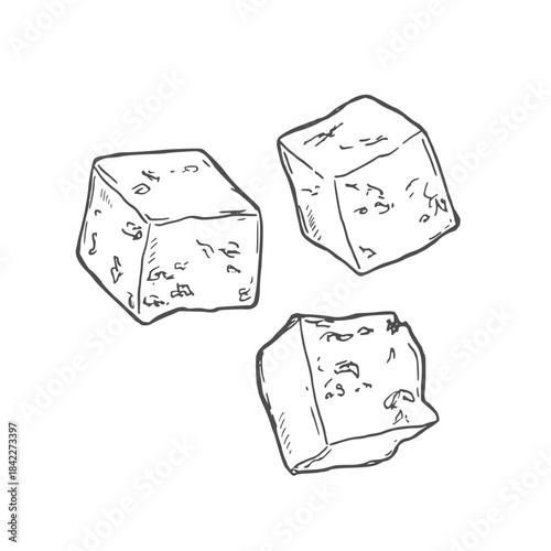 Hand-drawn three tofu cube food line art drawing vector illustration.