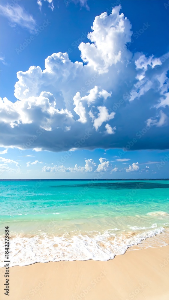 Fototapeta premium Beautiful tropical beach scene turquoise ocean meeting a sandy shore under a bright, cloudy sky