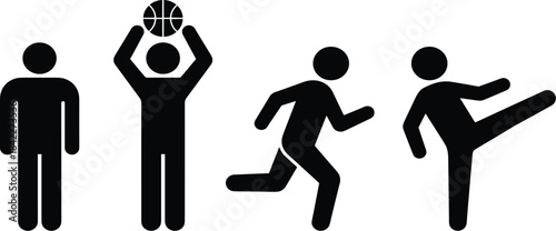 Sports activity, athlete silhouette, basketball action, running pose, martial arts kick, black vector, physical movement, training, fitness, illustrationSports activity, athlete silhouette