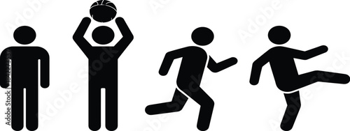 Sports silhouette, basketball action, running pose, kicking motion, athlete icon, black vector, physical activity, training, fitness, dynamic movement, illustrationSports silhouette, basketball action
