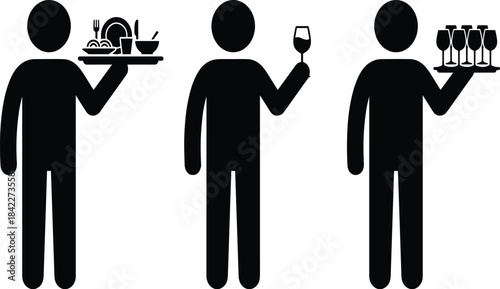 Waiter silhouette, food tray, wine service, restaurant staff, catering icon, black vector, hospitality role, drink serving, elegant pose, illustrationWaiter silhouette, food tray, wine service