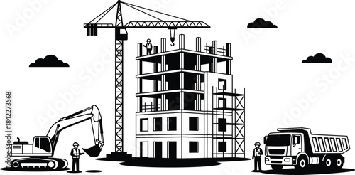 Construction site, building under construction, crane, scaffolding, excavator, dump truck, workers, black silhouette, heavy equipment, teamwork, vector illustrationConstruction site