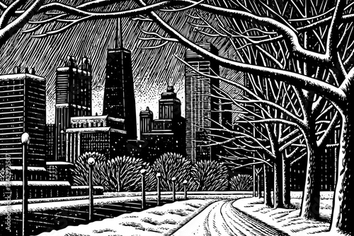 Chicago’s winter skyline appears as a textured pencil sketch, highlighting snowy rooftops, tall towers, frozen streets, and iconic architectural silhouettes under a quiet urban snowfall