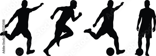 Soccer player, kicking ball, running motion, black silhouette, sports activity, football pose, vector illustration, athletic movement, training, competitionSoccer player, kicking ball