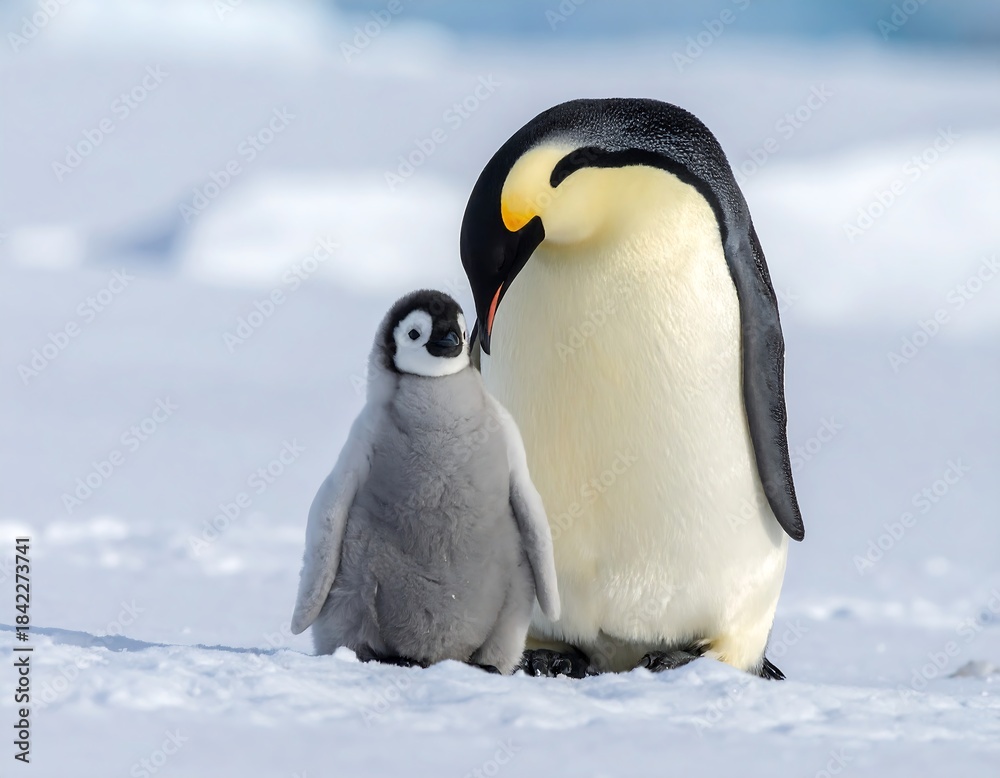 Fototapeta premium Adult and chick penguin stand together on snow covered ground