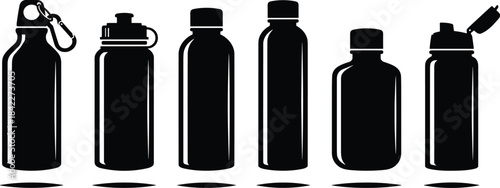 Water bottle silhouettes, black vector, lid types, portable container, sports bottle, packaging icon, reusable design, hydration, mockup, illustrationWater bottle silhouettes, black vector, lid types