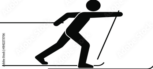 Cross-country skiing, athlete silhouette, winter sport, ski motion, black vector, snow activity, training pose, competition, outdoor exercise, illustrationCross-country skiing, athlete silhouette