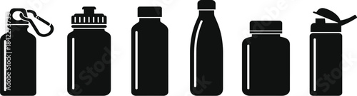 Bottle silhouette, container icons, black vector, packaging design, lid types, product mockup, portable bottle, dispenser, jar, illustrationBottle silhouette, container icons, black vector