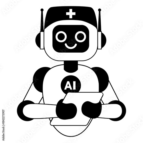 Friendly AI medical robot holding a tablet. Ideal for healthcare tech, telemedicine, innovation topics, educational materials, apps and modern medical services branding. Isolated on white background.