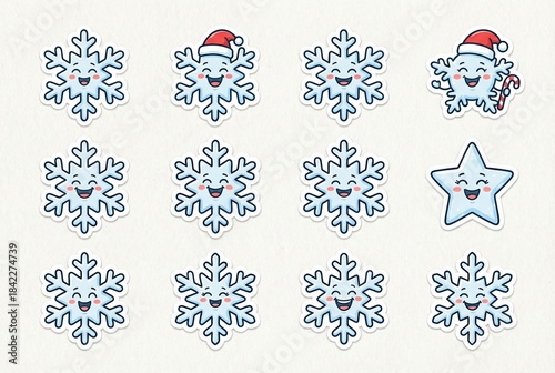 Cartoon snowflakes and star with happy faces and festive hats  