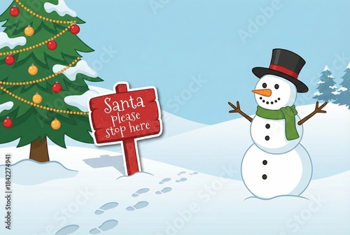 Snowman waving near Christmas tree and signpost in snowy landscape  