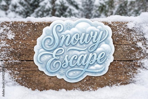 Snowy Escape sticker design on rustic wood background with snow  
