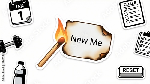 New Year goals with fire symbolizing transformation and reset concept of Winter Christmas and New Year sticker  