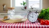 Kitchen counter with ingredients for cooking and a classic alarm clock showing time for preparation and meal planning