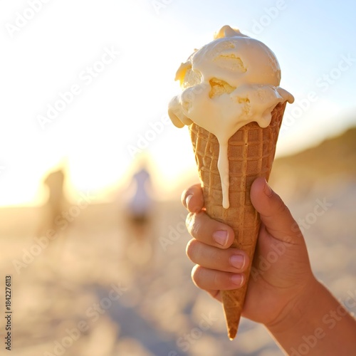A child's hand holding a melting ice cream cone at a beach, with warm sunlight and soft focus create a scene of summer joy. 