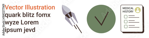 Healthcare progress, medical records, productivity, success, approval, technology innovation. Green checkmark, rocket icon and medical document. Healthcare progress and medical records theme