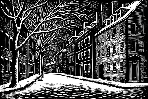 snowy sketch of Boston’s historic district with cobblestone streets, narrow buildings, icy rooftops, and vintage city charm illustrated through expressive pencil shading