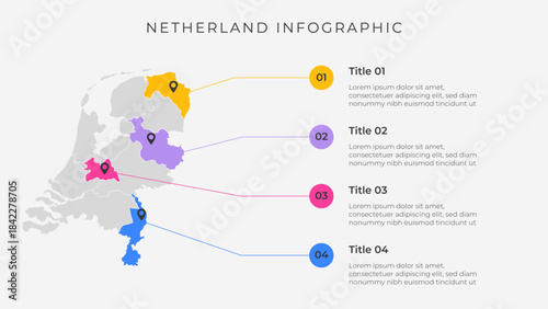 Netherland map infographic template with 4 options. Netherland political map infographic for presentation.