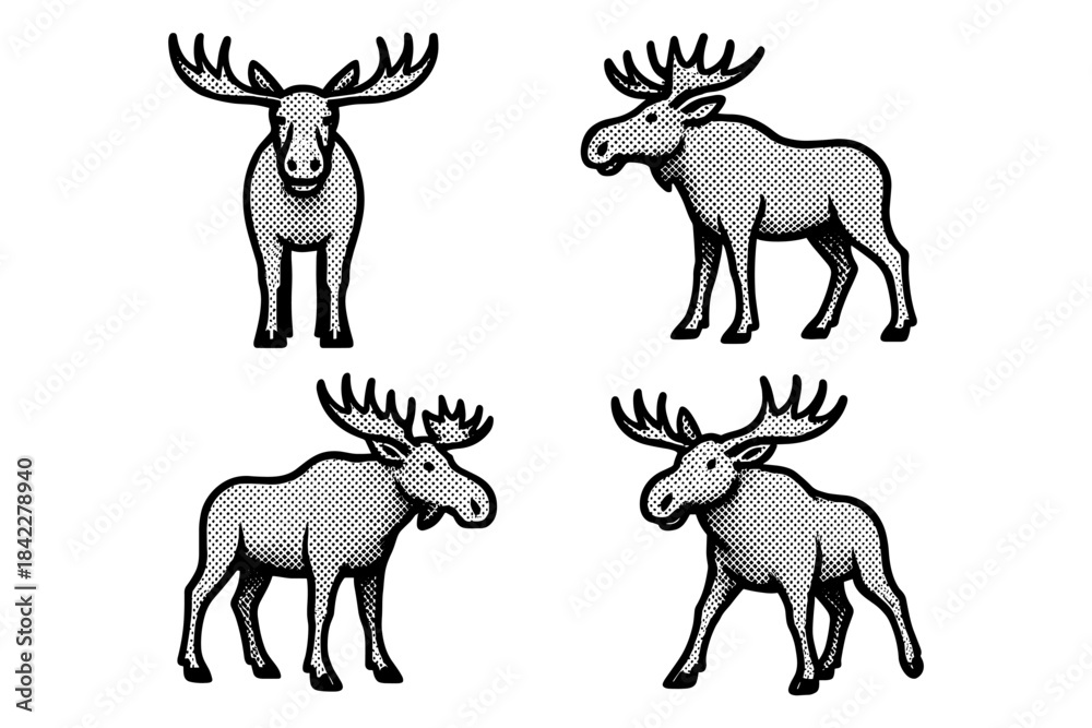 Obraz premium Halftone moose set: retro animal graphics in pop art style