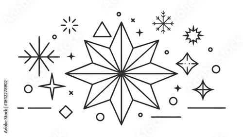 Winter Sparkle Shapes Line Art Vector Set – Simple Geometric Stars and Frost Elements, Clean Minimal Monochrome Holiday Design