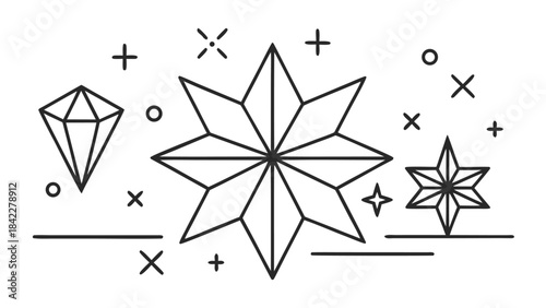 Winter Sparkle Shapes Line Art Vector Set – Simple Geometric Stars and Frost Elements, Clean Minimal Monochrome Holiday Design