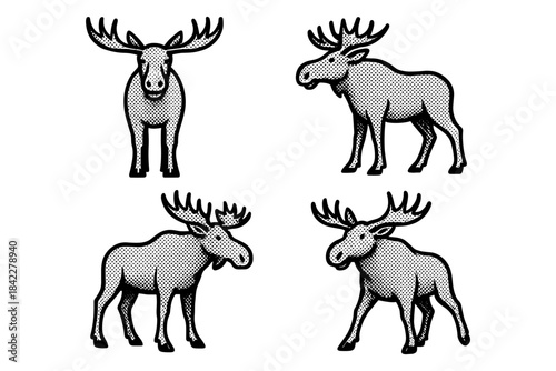 Halftone moose set: retro animal graphics in pop art style