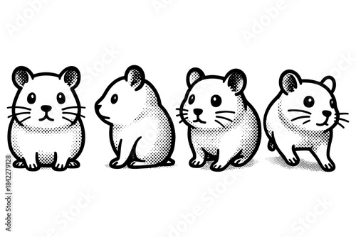 Adorable dot style hamsters in various poses on white background