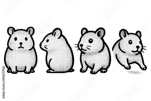 Set of cute dot style hamster illustrations in halftone design