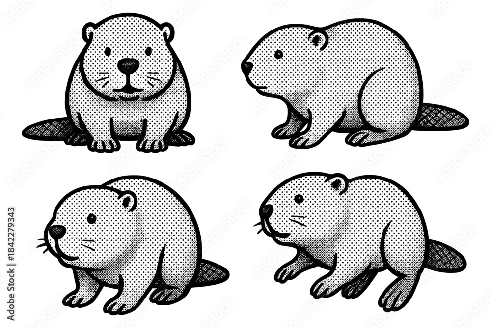Obraz premium Halftone style cute beaver set with different poses